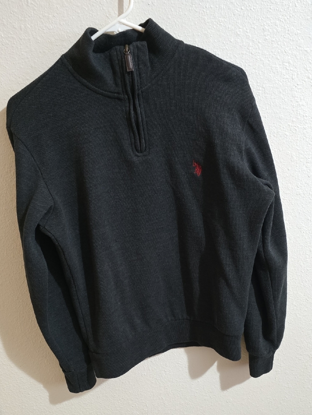 U.S. Polo Assn. Charcoal Gray Quarter Zip Sweater with Red Logo